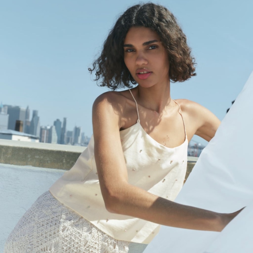 Zara Cream Jewel Appliqué Linen Blend Top - Picture 2 of 7